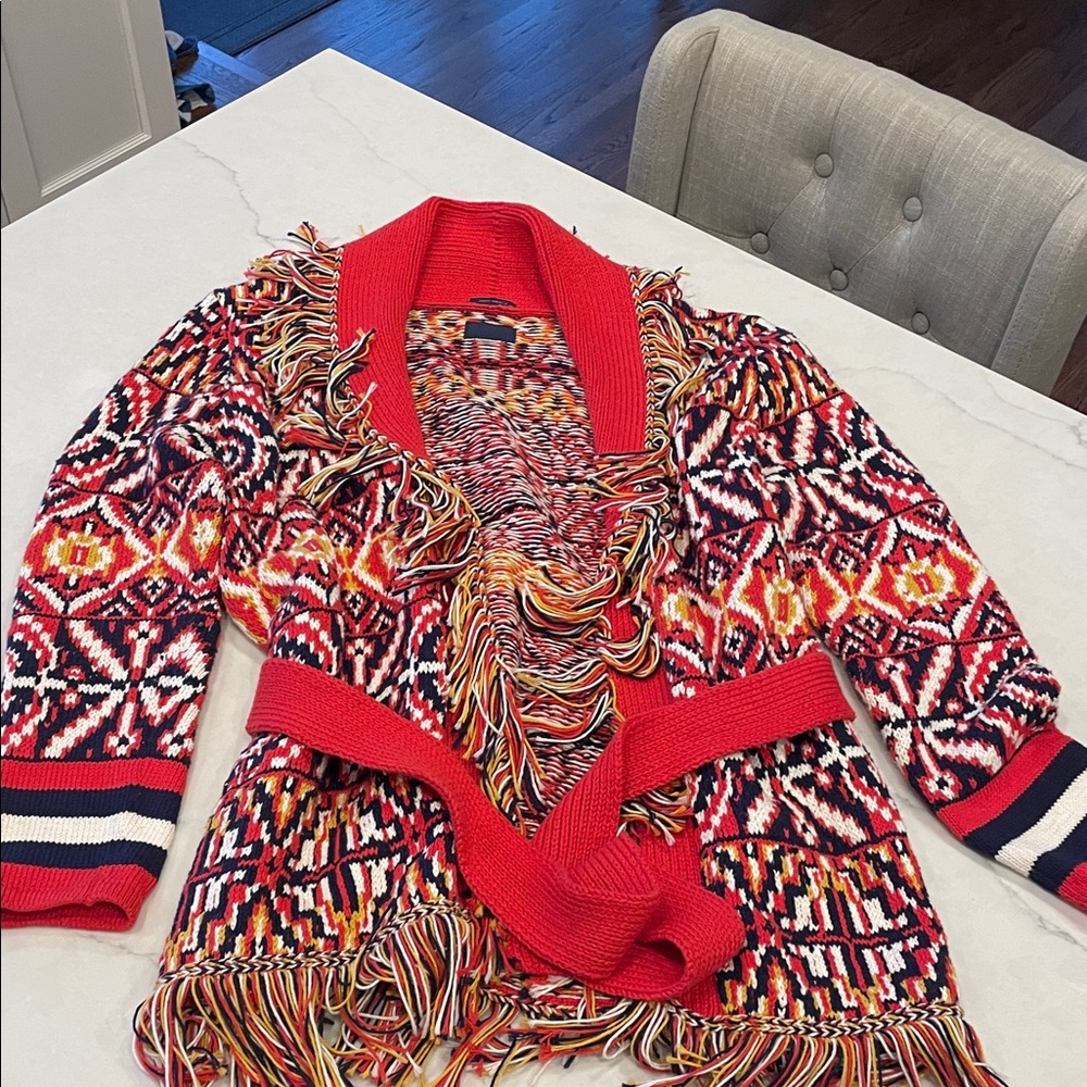 Mother Belted Short Knit Cardigan with Fringe